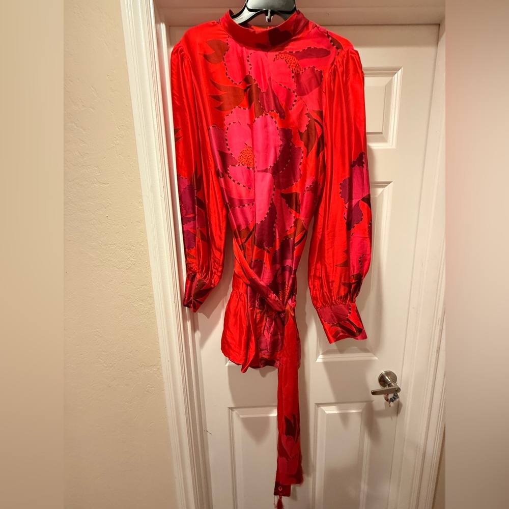 FARM Rio Red Tropical Jungle-pop Vibrant Mini Dress XL w/Belt worn 2x Soft Blend